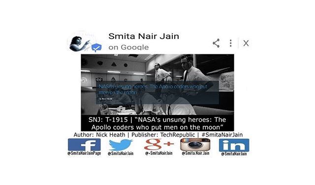 Smita Nair Jain on #Google  SNJ: T-1915 | “NASA’s unsung heroes: The Apollo coders who put men on the moon” | Author: Nick Heath | Publisher: TechRepublic | #SmitaNairJain NASA’s unsung heroes: The Apollo coders who put men on the moon Learn how pioneering software engineers helped NASA launch astronauts into space, and bring them back again — pushing the boundaries of technology as they did it. Homer Ahr had been asleep for 15 minutes when he got a call from his boss at Johnson Space Center. “All he said was, ‘Homer, get into mission control as …. TO READ THE FULL ARTICLE: https://goo.gl/posts/VAWos #womenwhocode #womenintech #womenindigital #thoughtleaders #tedxtalks #tedxspeakers #tedxmotivationalspeakers #tedx #technologyfuturistkeynotespeakers #technology #tech #strategy #smitanairjain #motivationalspeakertedtalks #motivationalspeakers #motivationalspeakeronleadership #motivationalspeakerbusiness #mentor #leadership #keynotespeakers #informationtechnology #futuristtechnologyspeakers #futuristspeakers #futuristmotivationalspeakers #futuristkeynotespeakers #fintech #digitalfuturistspeakers #businessfuturistspeakers Take A Minute To Follow Me On Social Media Facebook: https://www.facebook.com/SmitaNairJainPage/ Twitter: https://twitter.com/SmitaNairJain/ Instagram: https://www.instagram.com/smita.nair.jain/ LinkedIn: https://www.linkedin.com/in/smitanairjain/ Google+: https://plus.google.com/+SmitaNairJain/
