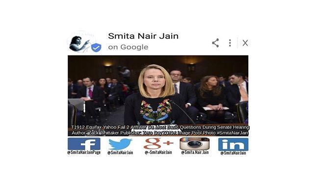 Smita Nair Jain on #Google SNJ: T-1912 | “Equifax, Yahoo Fail To Answer The Most Basic Questions During Senate Hearing” | Author: Zack Whittaker | Publisher: Zero Day – ZDNet | Image: Pool Photo | #SmitaNairJain Senators were left frustrated as Yahoo didn’t know how it was hacked, and Equifax still didn’t know who. Former Yahoo and Equifax bosses stumbled through a Wednesday hearing before the Senate Commerce Committee without answering basic questions about their respective massive data breaches, much to the chagrin of questioning lawmakers. Marissa Mayer, who …. TO READ THE FULL ARTICLE: https://goo.gl/posts/WYs8z #womenintech #womenindigital #thoughtleaders #tedxtalks #tedxspeakers #tedxmotivationalspeakers #tedx #technologyfuturistkeynotespeakers #technology #tech #strategy #smitanairjain #motivationalspeakertedtalks #motivationalspeakers #motivationalspeakeronleadership #motivationalspeakerbusiness #mentor #leadership #keynotespeakers #informationtechnology #futuristtechnologyspeakers #futuristspeakers #futuristmotivationalspeakers #futuristkeynotespeakers #fintech #digitalfuturistspeakers #businessfuturistspeakers Take A Minute To Follow Me On Social Media Facebook: https://www.facebook.com/SmitaNairJainPage/ Twitter: https://twitter.com/SmitaNairJain/ Instagram: https://www.instagram.com/smita.nair.jain/ LinkedIn: https://www.linkedin.com/in/smitanairjain/ Google+: https://plus.google.com/+SmitaNairJain/